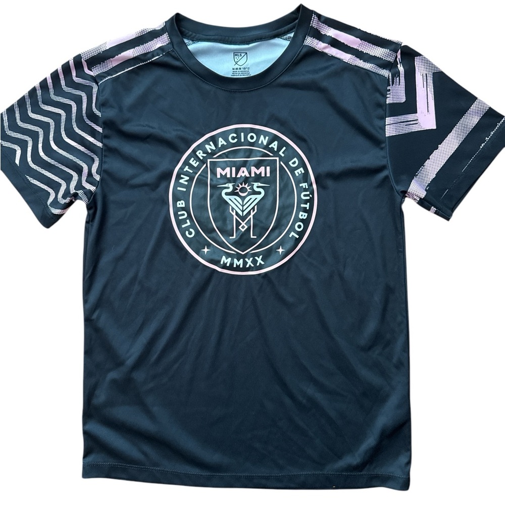 MLS Inter Miami Boys Youth Soccer Futbol T-Shirt Size Med 10-12 Black‎ & Pink